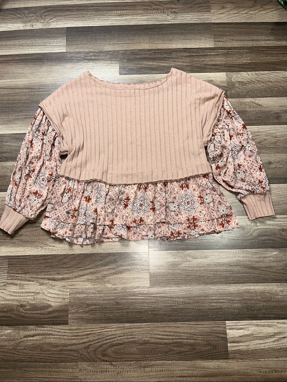 gimmicks boho Peach Ribbed Tunic with Floral Chiffon Ruffle